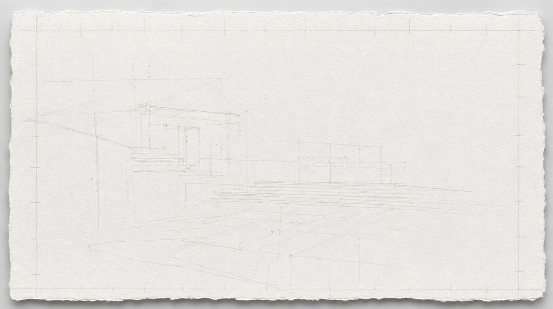 A sheet of hand-made deckle-edged paper with a faint pencil sketch — an architectural perspective rendered in the lightest possible line.